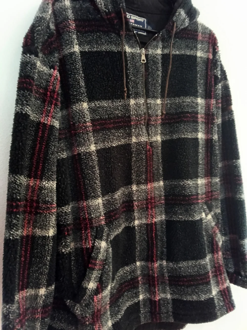 Polo by Ralph Lauren Black Plaid Hooded Zip Jacket with Red Accents